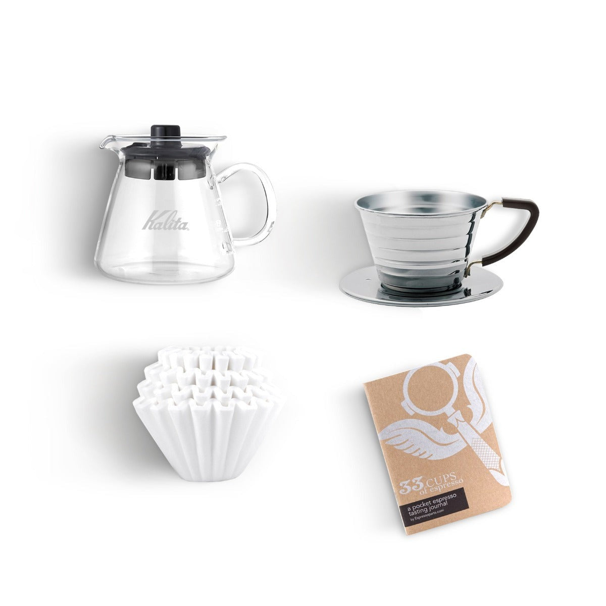 Kalita Wave 155 Pour Over Kit – Stainless Steel Dripper, 300ml Glass Server & Filters