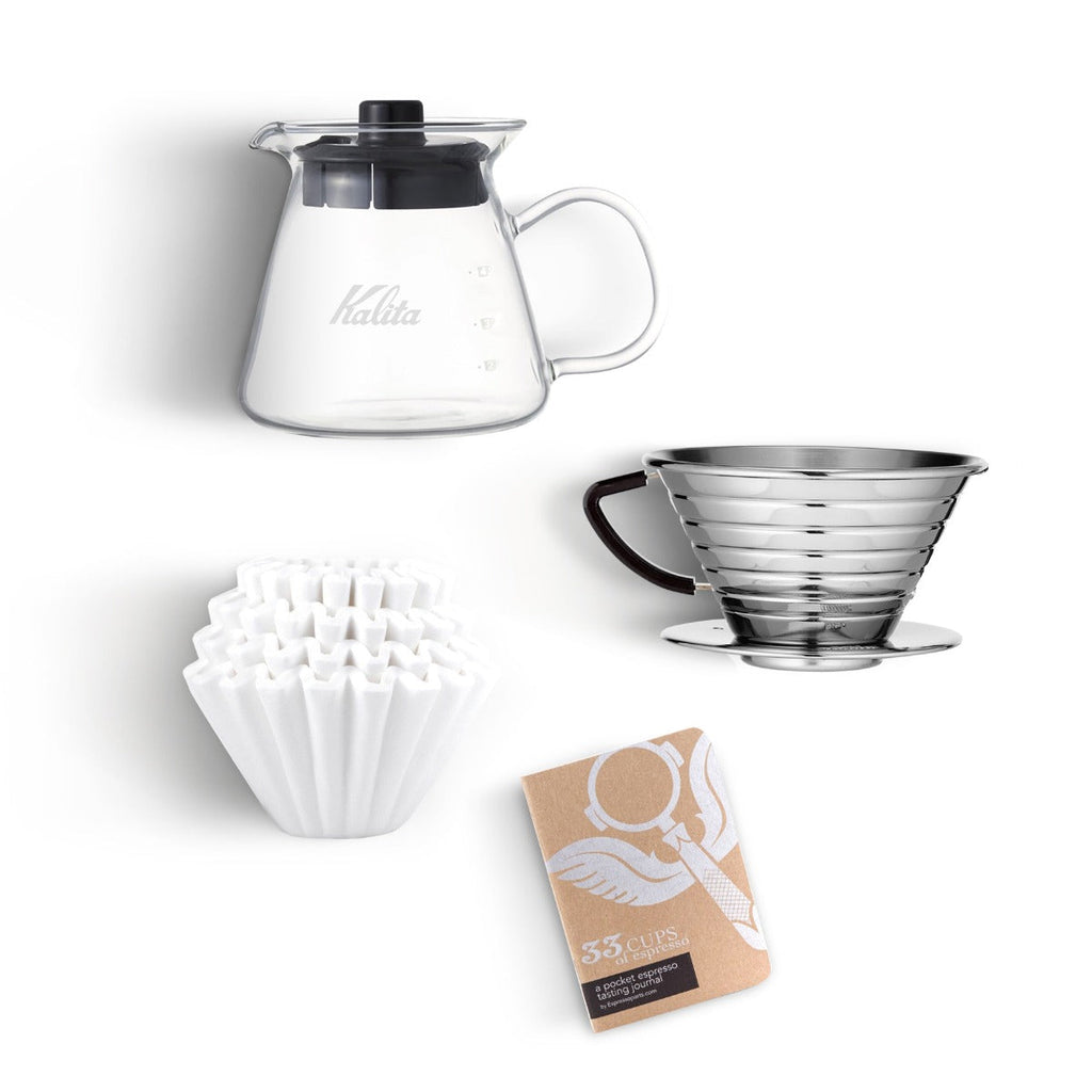 Kalita Wave 185 Pour Over Kit – Stainless Steel Dripper, Glass Server & Filters