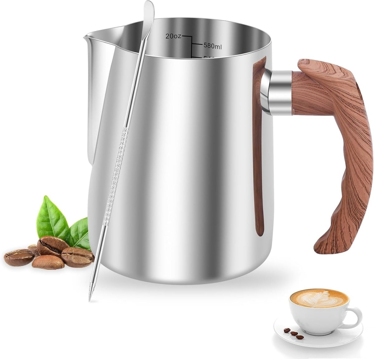 Milk Frothing Pitcher with Coffee Art Pen, 304 Stainless Steel Barista Espresso Pitcher for Latte Art - Shop Coffee Hobby