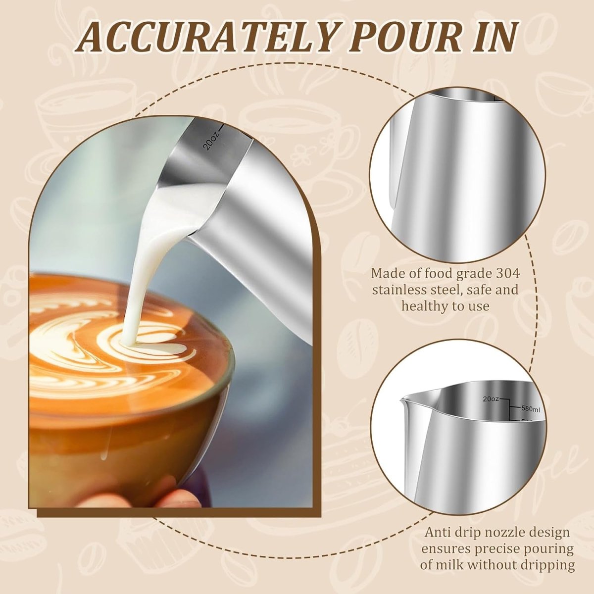 Milk Frothing Pitcher with Coffee Art Pen, 304 Stainless Steel Barista Espresso Pitcher for Latte Art - Shop Coffee Hobby