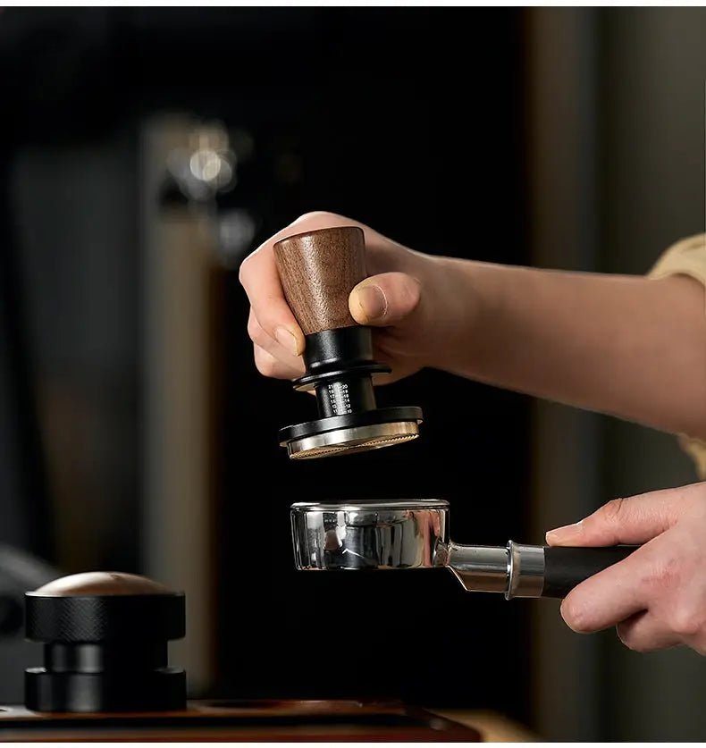 Muyu Constant Force Spring Espresso Tamper – Consistent Pressure, Walnut Handle – 51mm / 53/54mm / 58mm - Shop Coffee Hobby