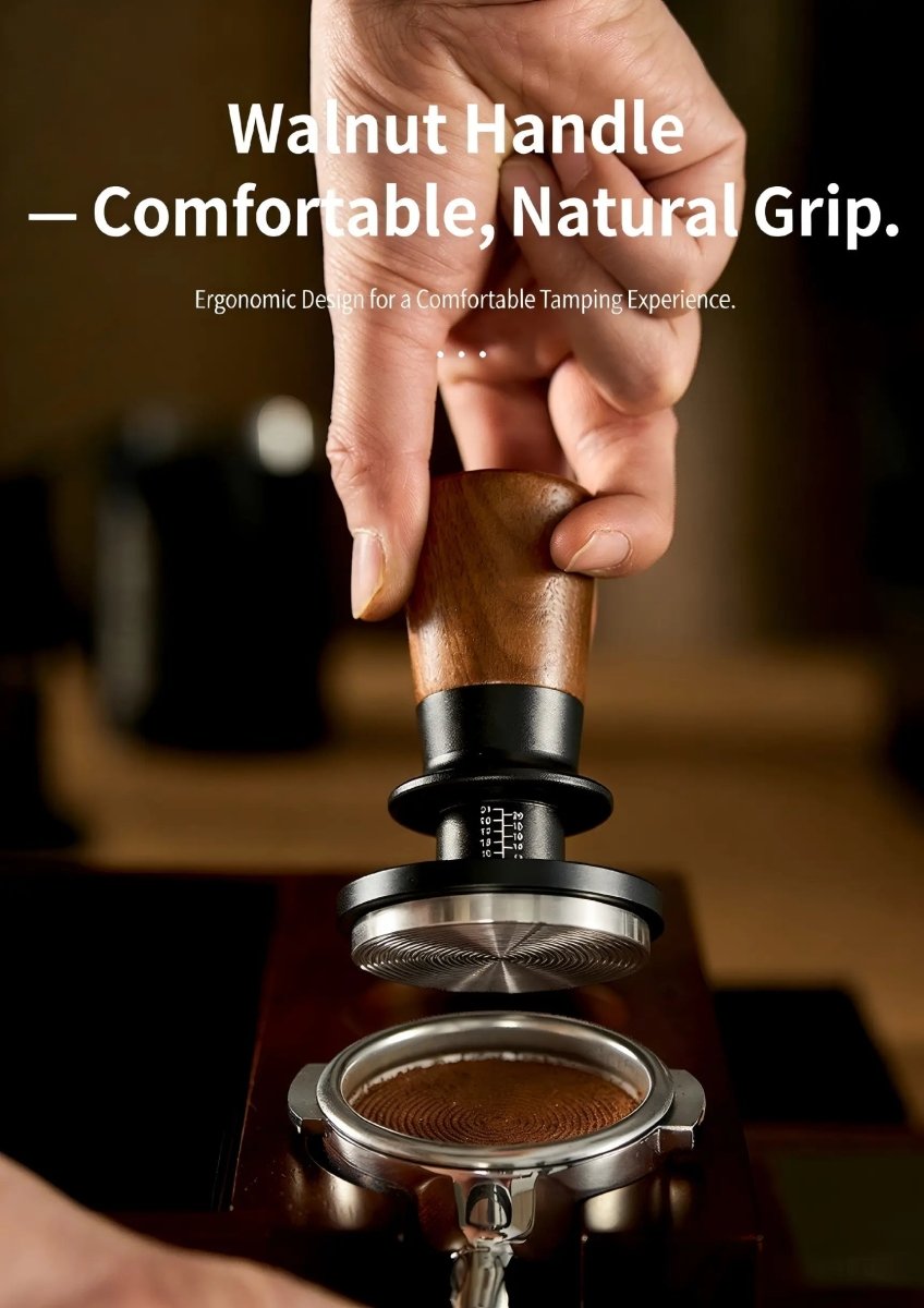 Muyu Constant Force Spring Espresso Tamper – Consistent Pressure, Walnut Handle – 51mm / 53/54mm / 58mm - Shop Coffee Hobby