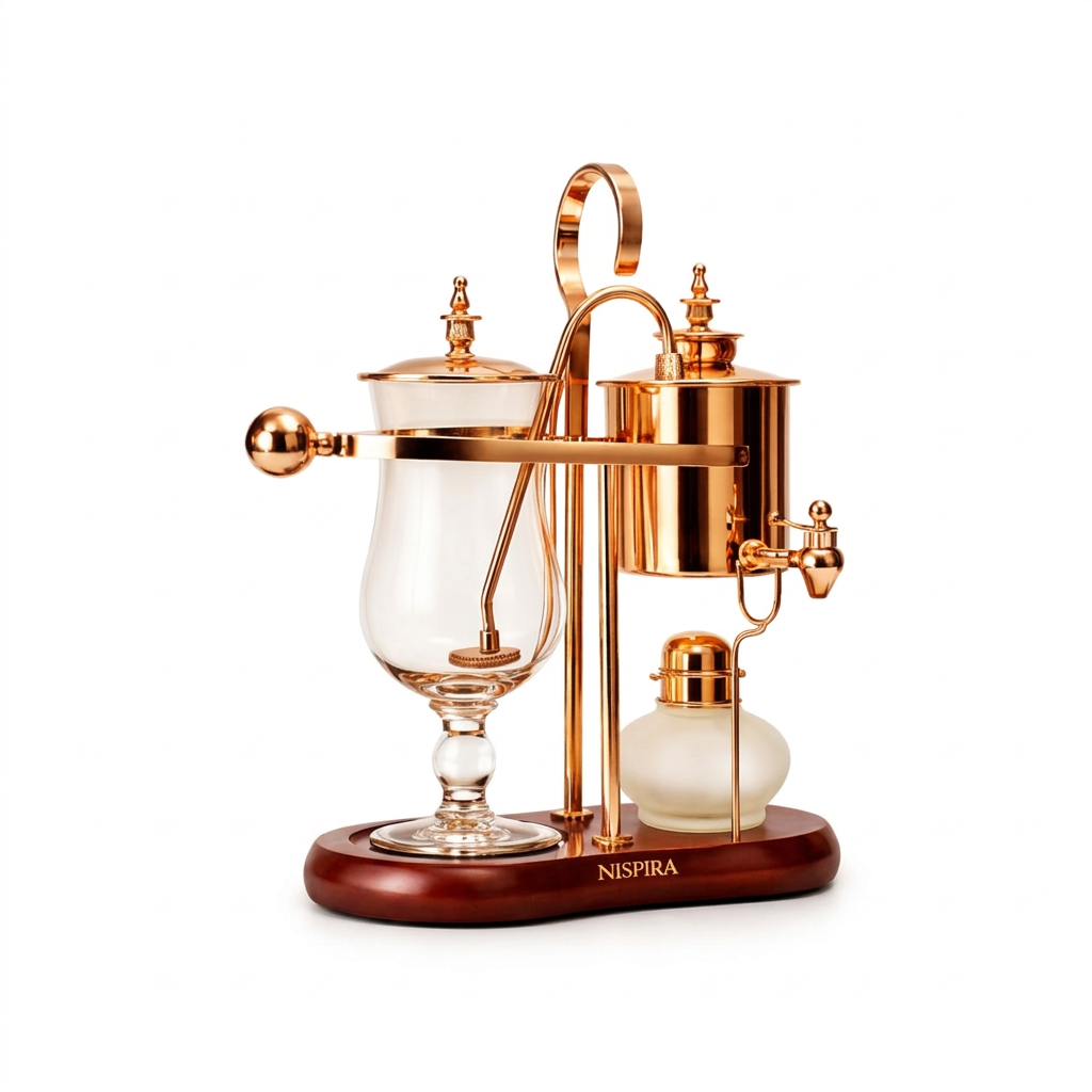 Nispira copper balance siphon coffee maker centered upright on bright white with warm studio lighting and natural shadows