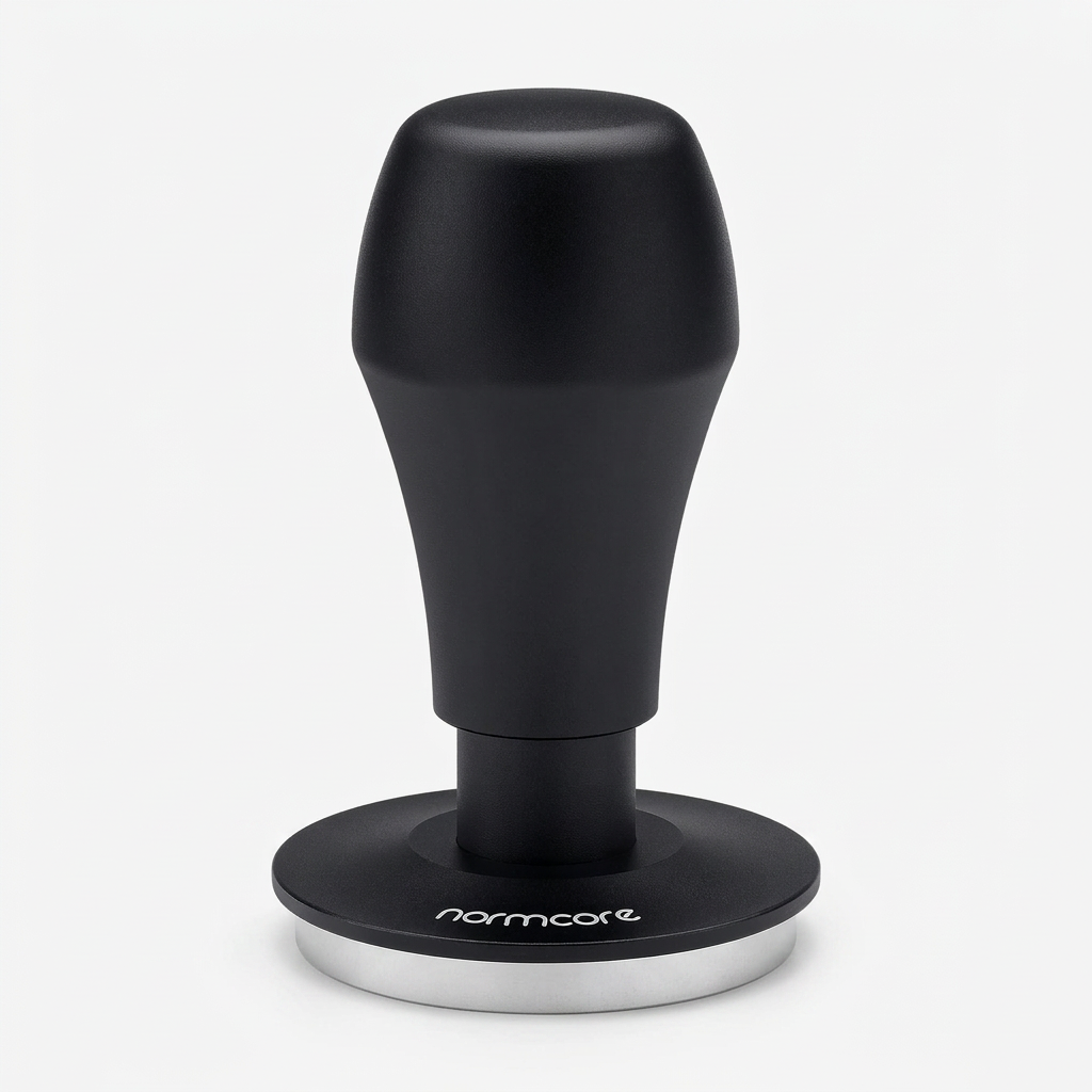 Normcore tamper on a bright white background with soft warm studio lighting and a subtle shadow