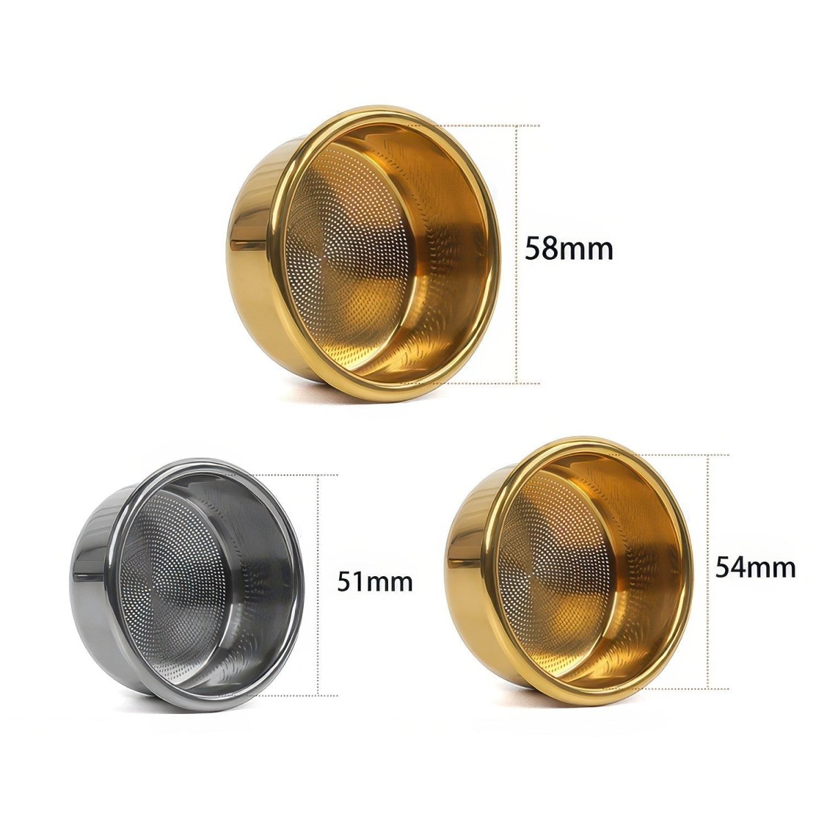 Precision espresso filter basket size comparison: 58mm and 54mm gold, 51mm silver