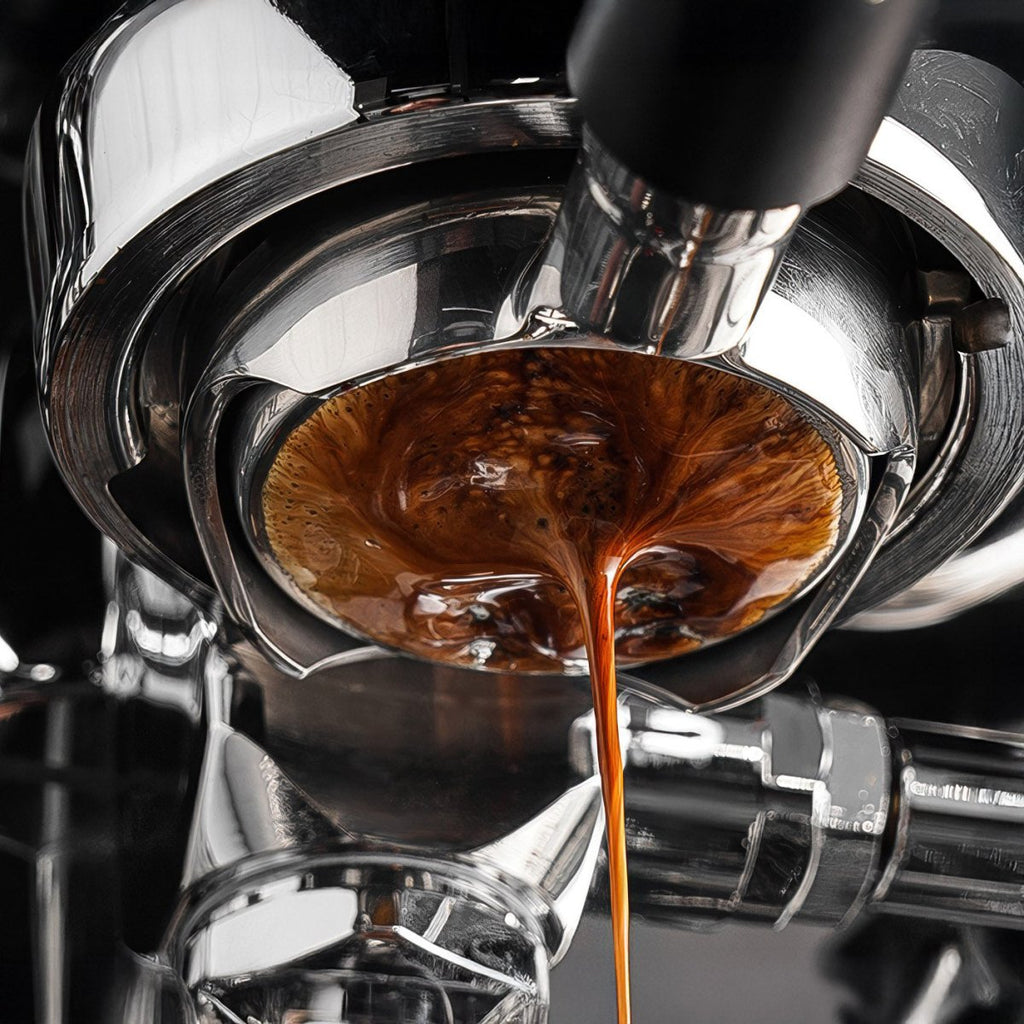 Espresso extracting from a bottomless portafilter fitted with a precision filter basket