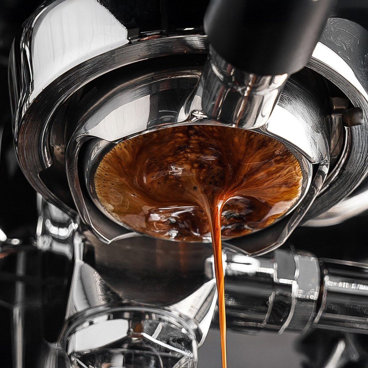 Espresso extracting from a bottomless portafilter fitted with a precision filter basket