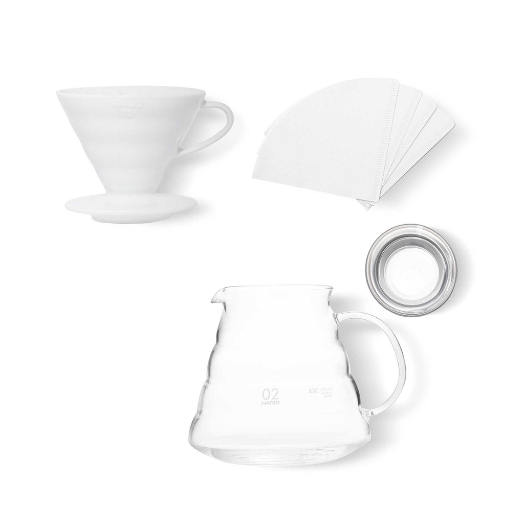 Hario V60 02 Ceramic Pour Over Set – Dripper, 600ml Glass Server & Filters