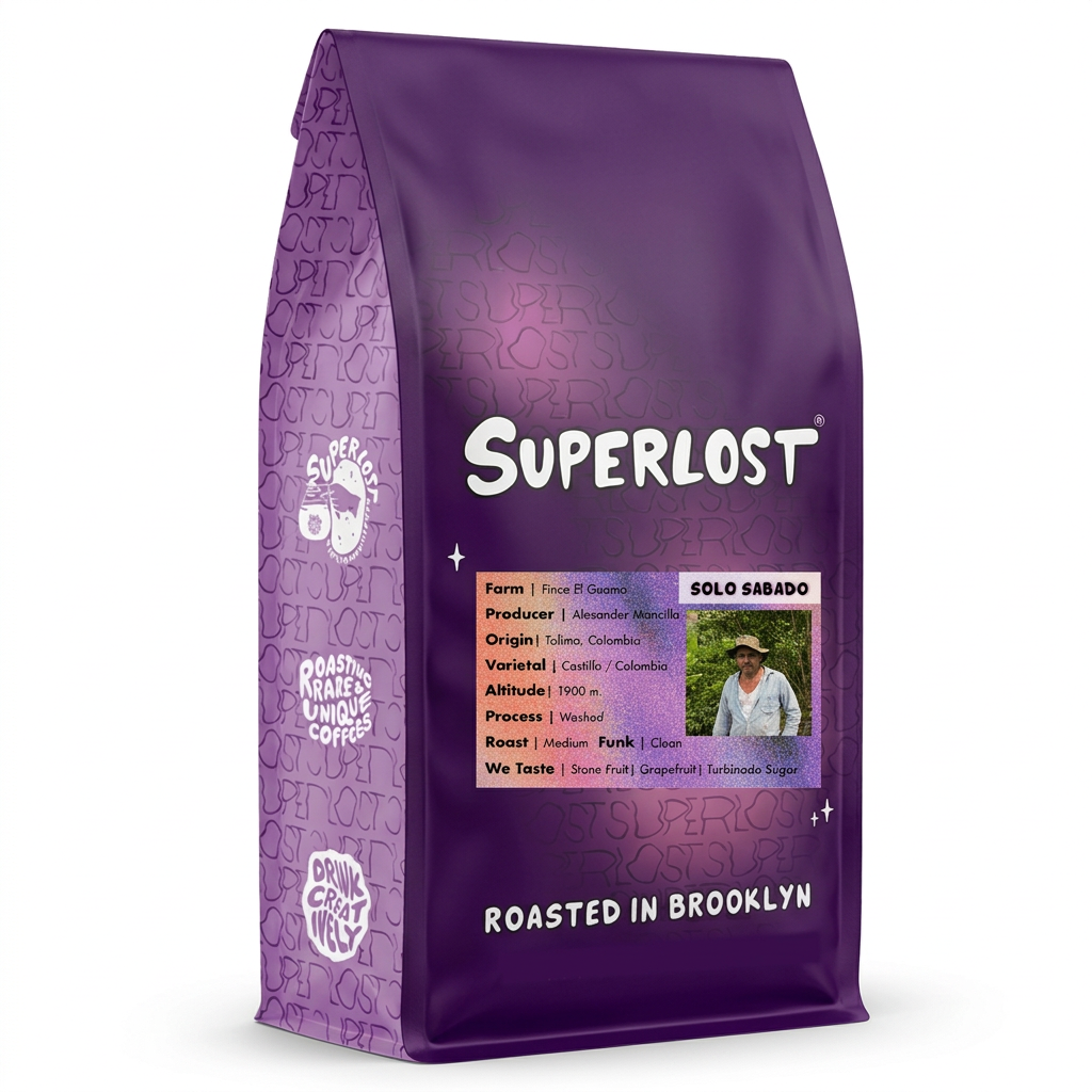 Purple Solo Sabado coffee bag with original label artwork on a clean white background