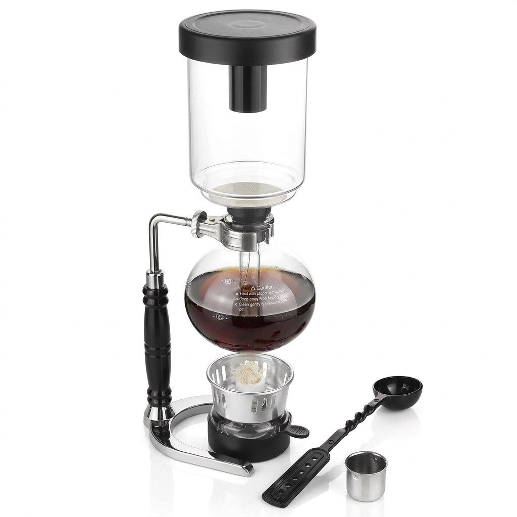 QWORK siphon coffee maker upright on bright white with soft warm studio lighting and a subtle shadow