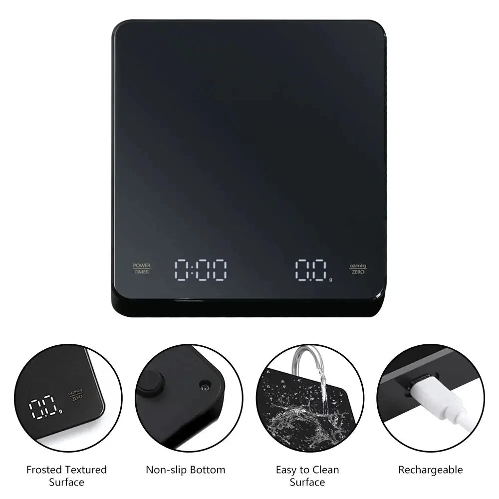 Rechargeable Coffee Scale - 0.1G Precision, 3Kg Capacity, Timer, LED Display, USB Charging for Espresso & Kitchen Use - Shop Coffee Hobby