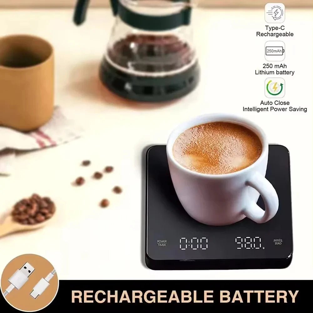 Rechargeable Coffee Scale - 0.1G Precision, 3Kg Capacity, Timer, LED Display, USB Charging for Espresso & Kitchen Use - Shop Coffee Hobby