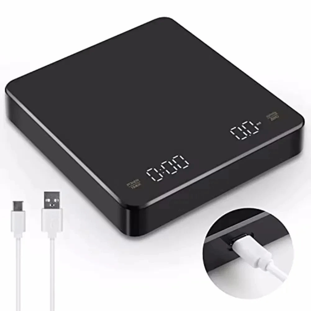 Rechargeable Coffee Scale - 0.1G Precision, 3Kg Capacity, Timer, LED Display, USB Charging for Espresso & Kitchen Use - Shop Coffee Hobby