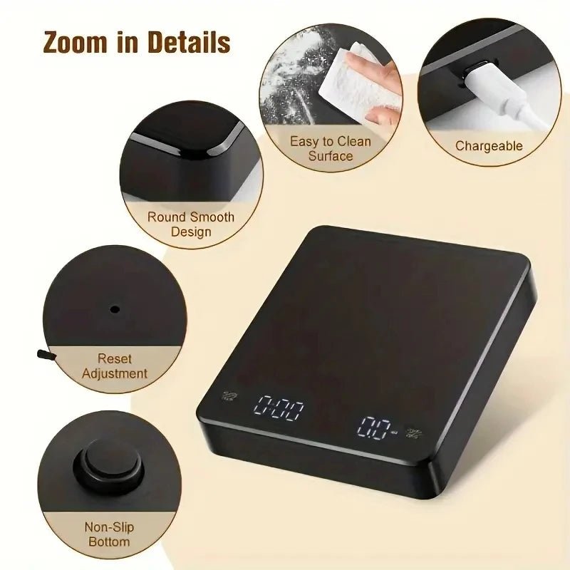 Rechargeable Coffee Scale - 0.1G Precision, 3Kg Capacity, Timer, LED Display, USB Charging for Espresso & Kitchen Use - Shop Coffee Hobby