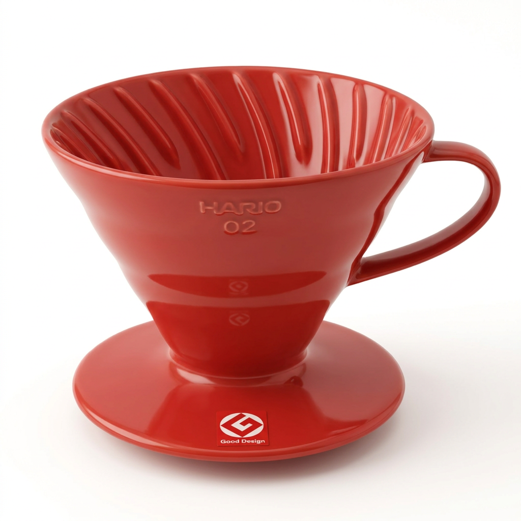 Red Hario V60 ceramic dripper on a clean white background