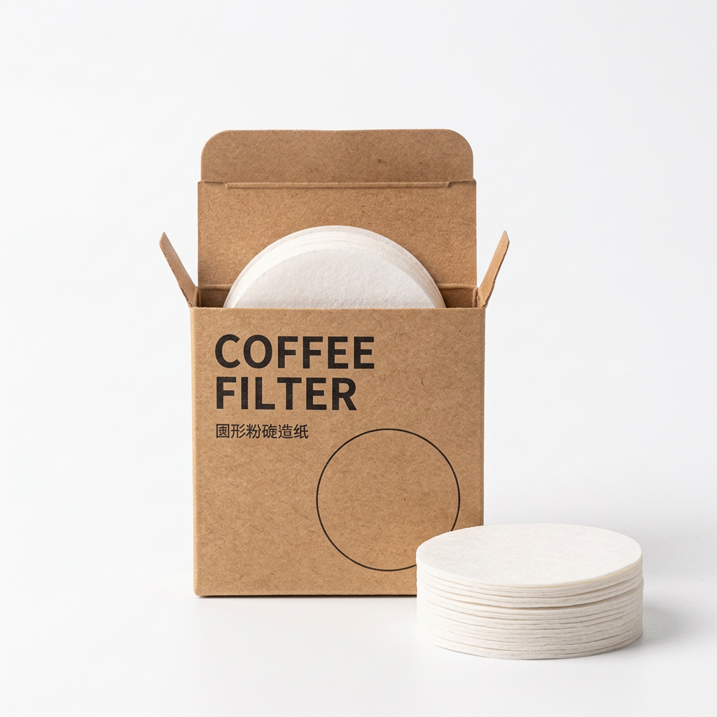 Round coffee filters and kraft box on a clean white studio background