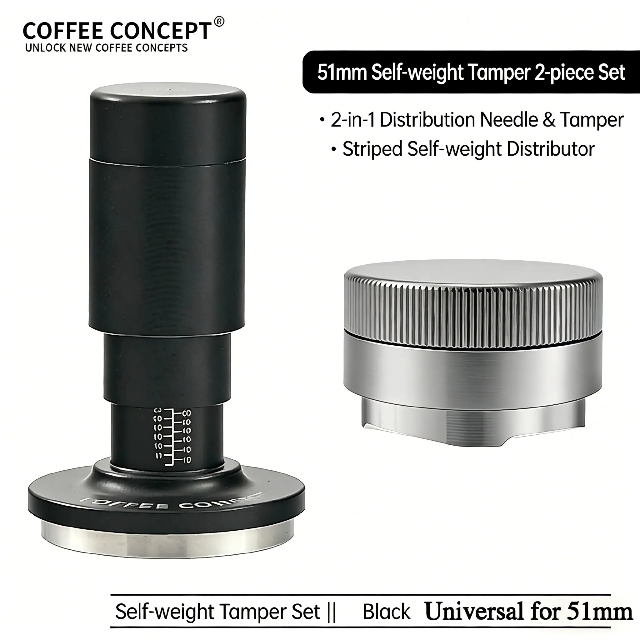Gravity Espresso Distributor – Vertical Striped Stainless Steel Self‑Leveling Tool (51mm / 53–54mm / 58mm)
