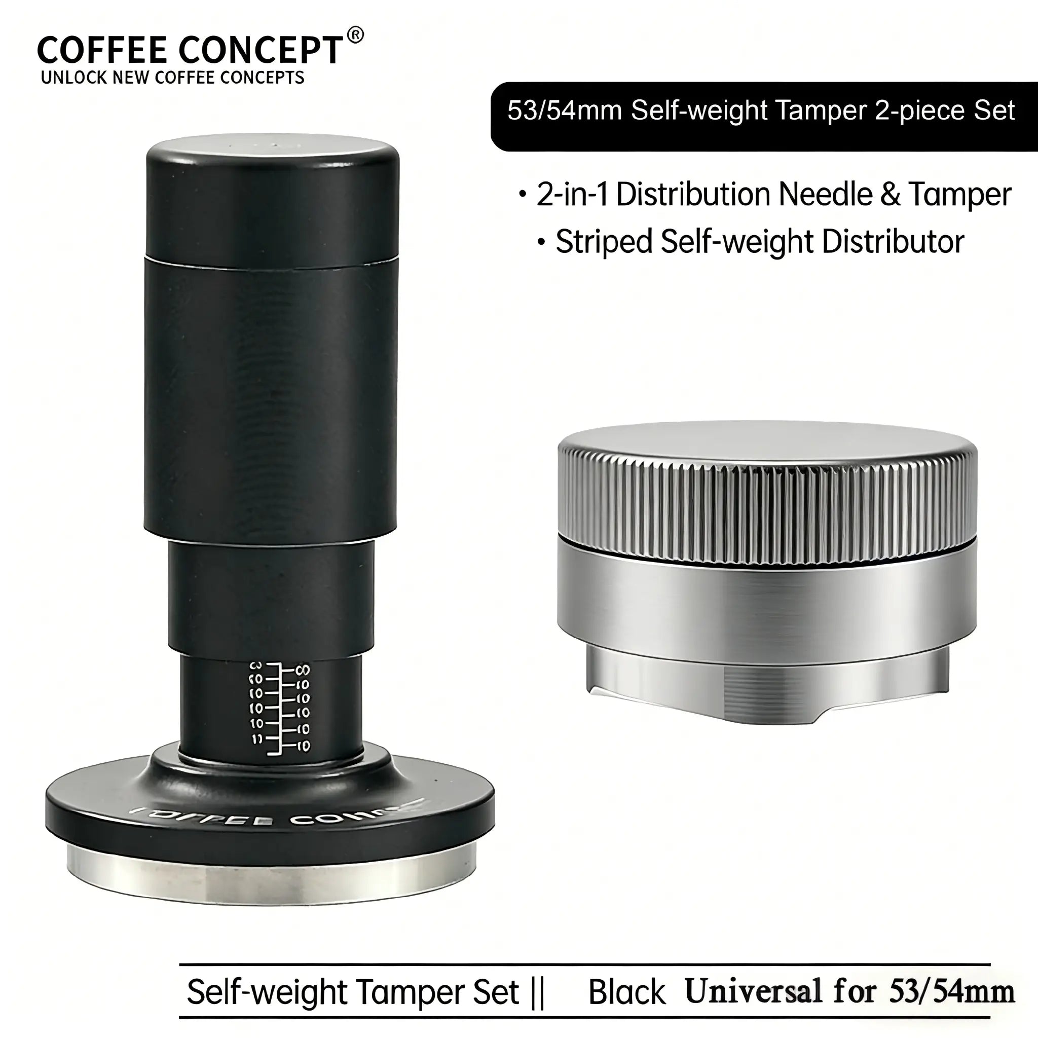 Gravity Espresso Distributor – Vertical Striped Stainless Steel Self‑Leveling Tool (51mm / 53–54mm / 58mm)