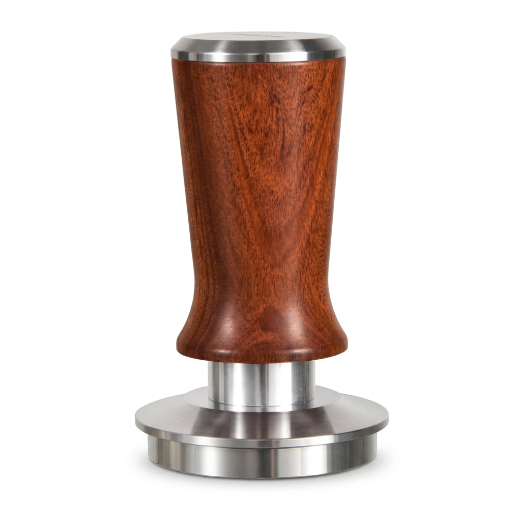 Single upright rosewood tamper on a clean white background