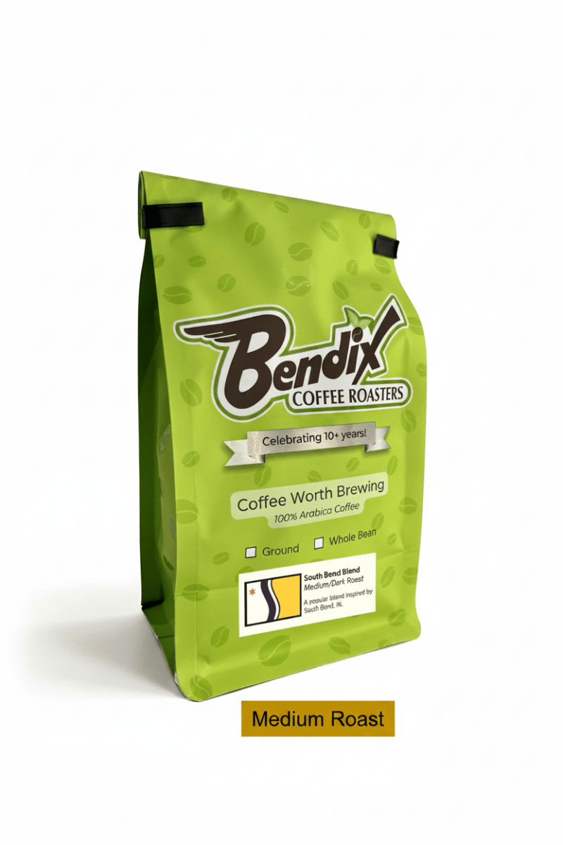 Bendix Coffee Roasters South Bend Blend — Medium Roast Coffee, 12 oz Whole Bean & 1 lb Whole Bean versions shown.