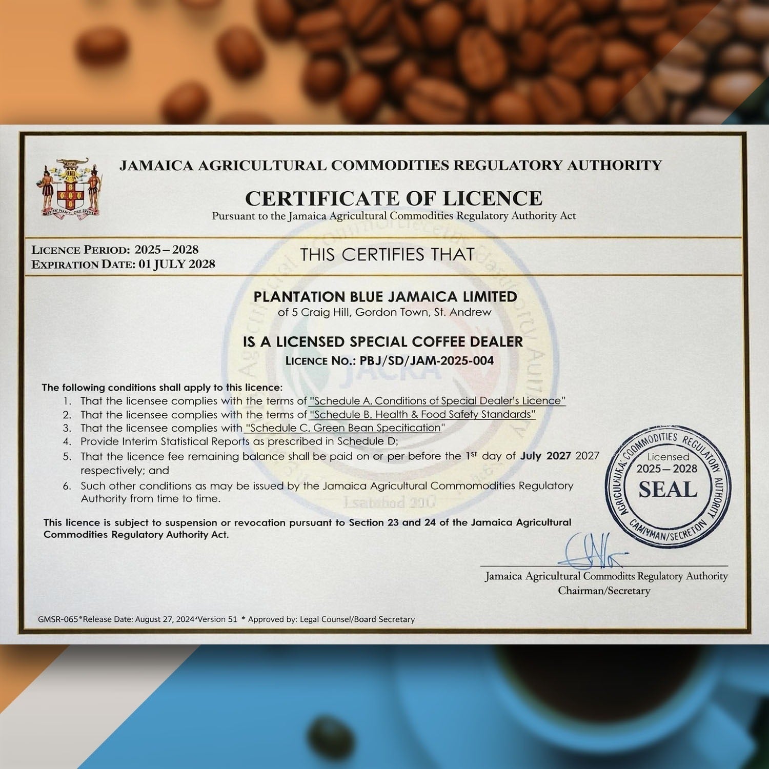 Plantation Blue 100% Jamaica Blue Mountain Coffee - Dark Roasted Beans (12oz)