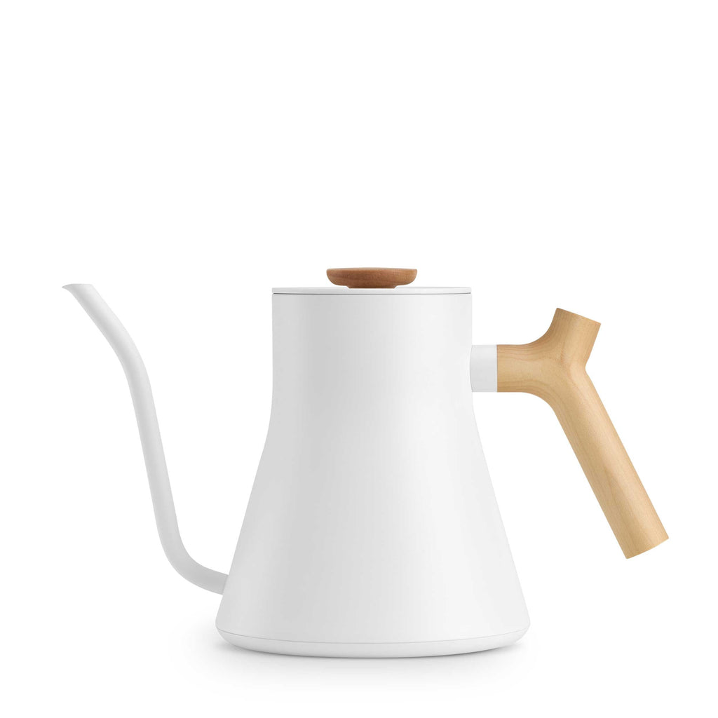 Matte White & Maple version of the Fellow Stagg EKG Pro Electric Gooseneck Kettle.