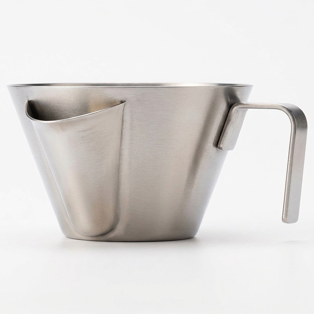 Stainless steel espresso pouring cup on a bright white studio background