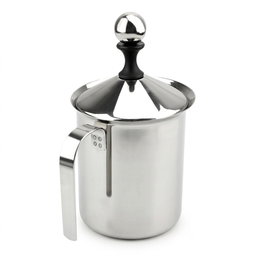 Stainless steel milk frother on a clean white studio background