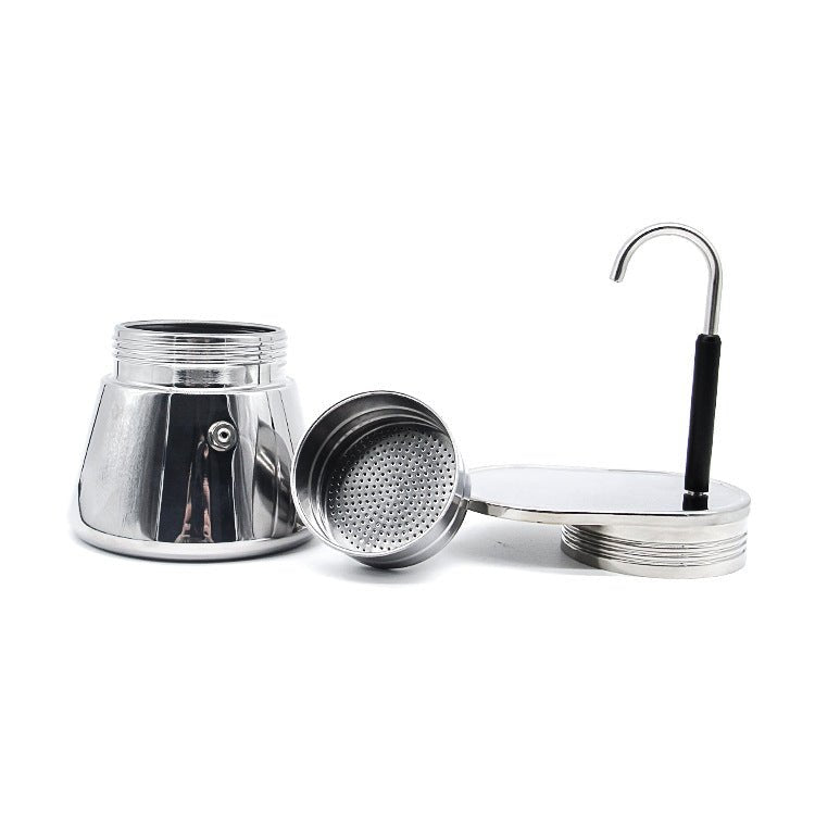 Silver Stainless Steel Moka Pot for stovetop coffee brewing