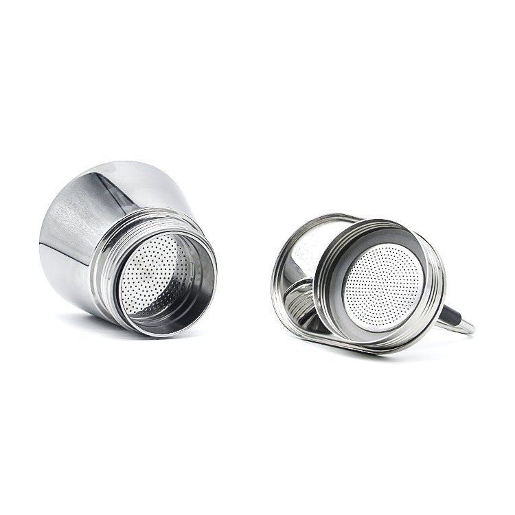 Stainless steel moka pot in silver, stovetop coffee maker for brewing specialty coffee.