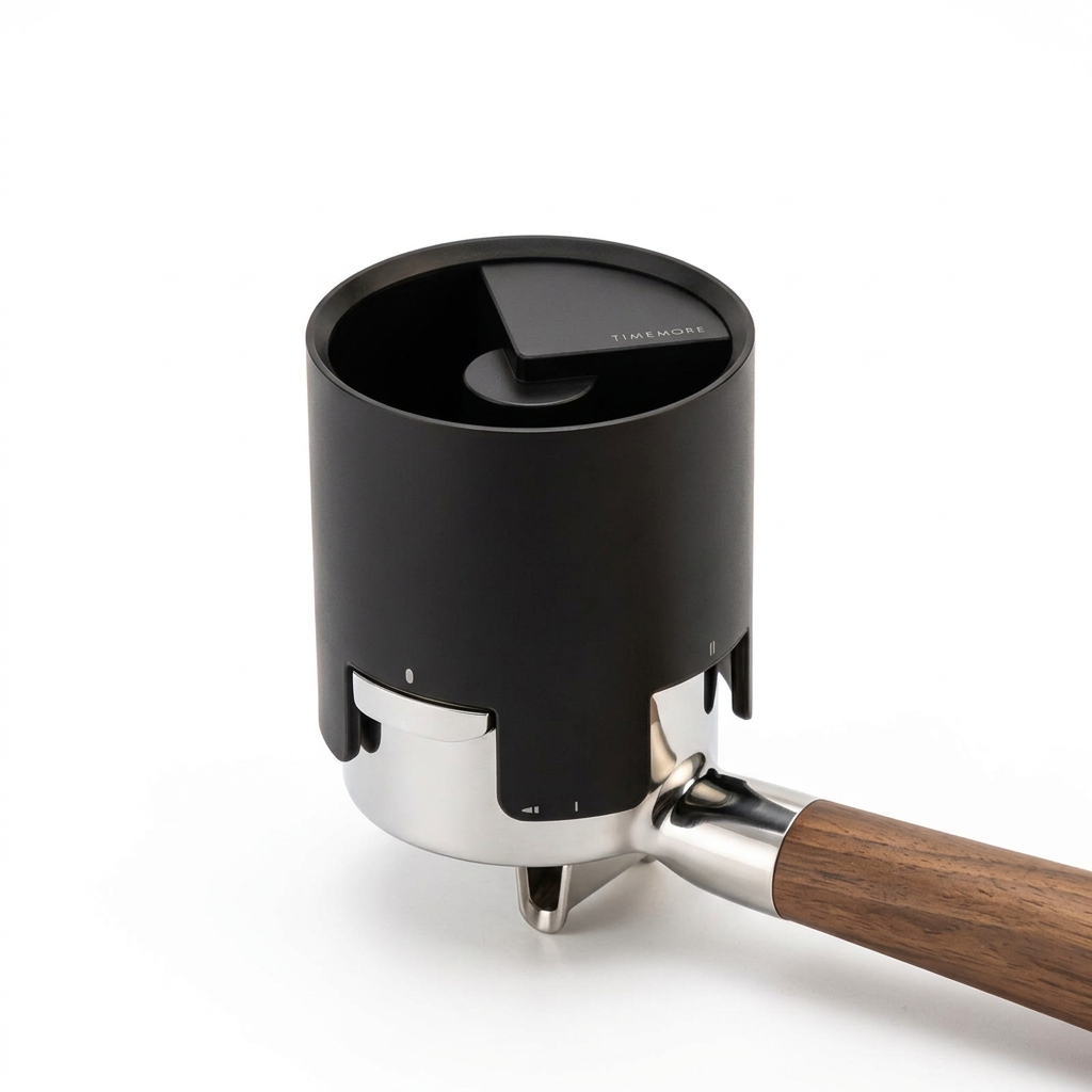 TIMEMORE espresso distributor in a clean white studio setting