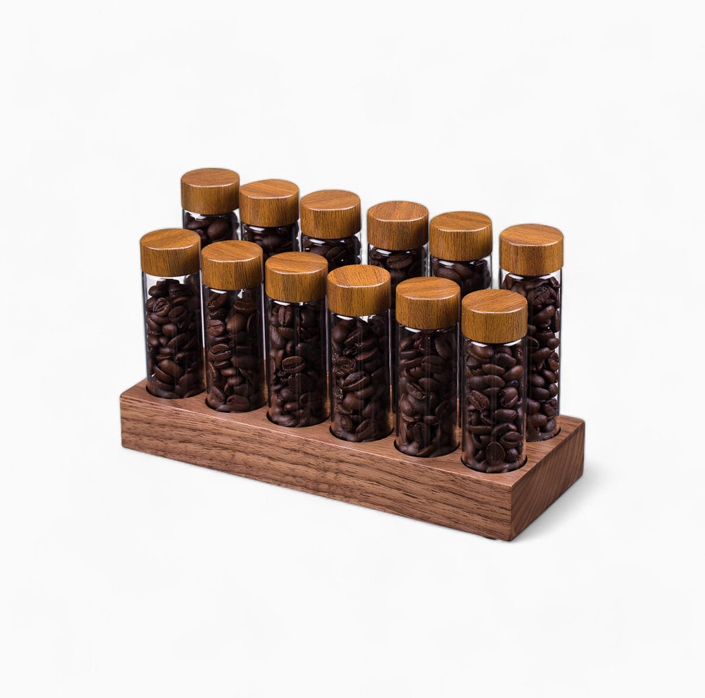 Coffee Bean Storage Tubes With Walnut Wood Base - Shop Coffee Hobby