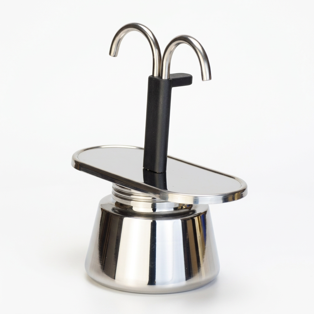 Twin-spout stainless steel moka pot centered upright on a bright white background with warm studio lighting and a subtle shadow