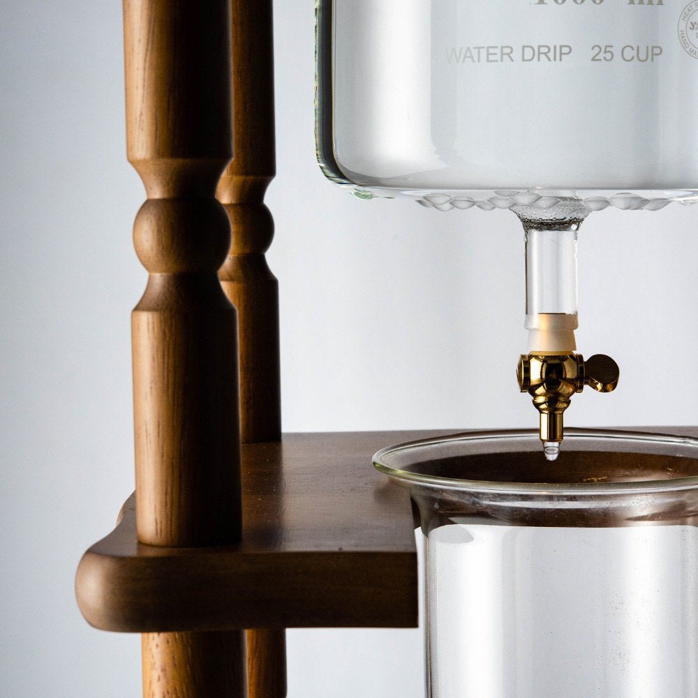 Yama Glass Cold Brew Tower – Curved Brown Wood Frame – 25 Cup / 100 oz