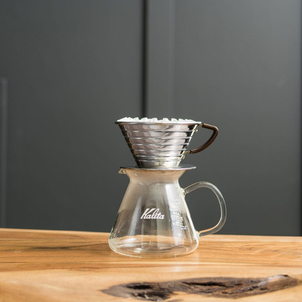 Kalita Wave 185 Pour Over Kit – Stainless Steel Dripper, Glass Server & Filters