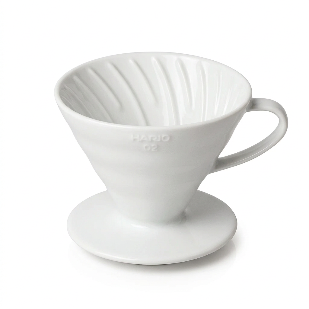 White ceramic Hario V60 dripper centered upright on a clean white background with warm studio lighting and a subtle shadow