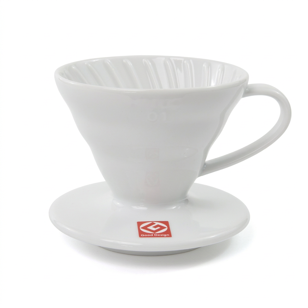 White Hario V60 01 ceramic dripper on a clean white background