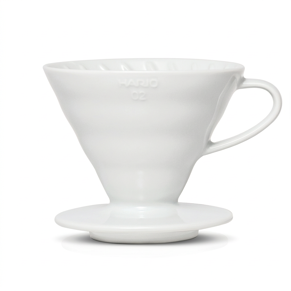 White Hario V60 02 ceramic dripper on a clean white background