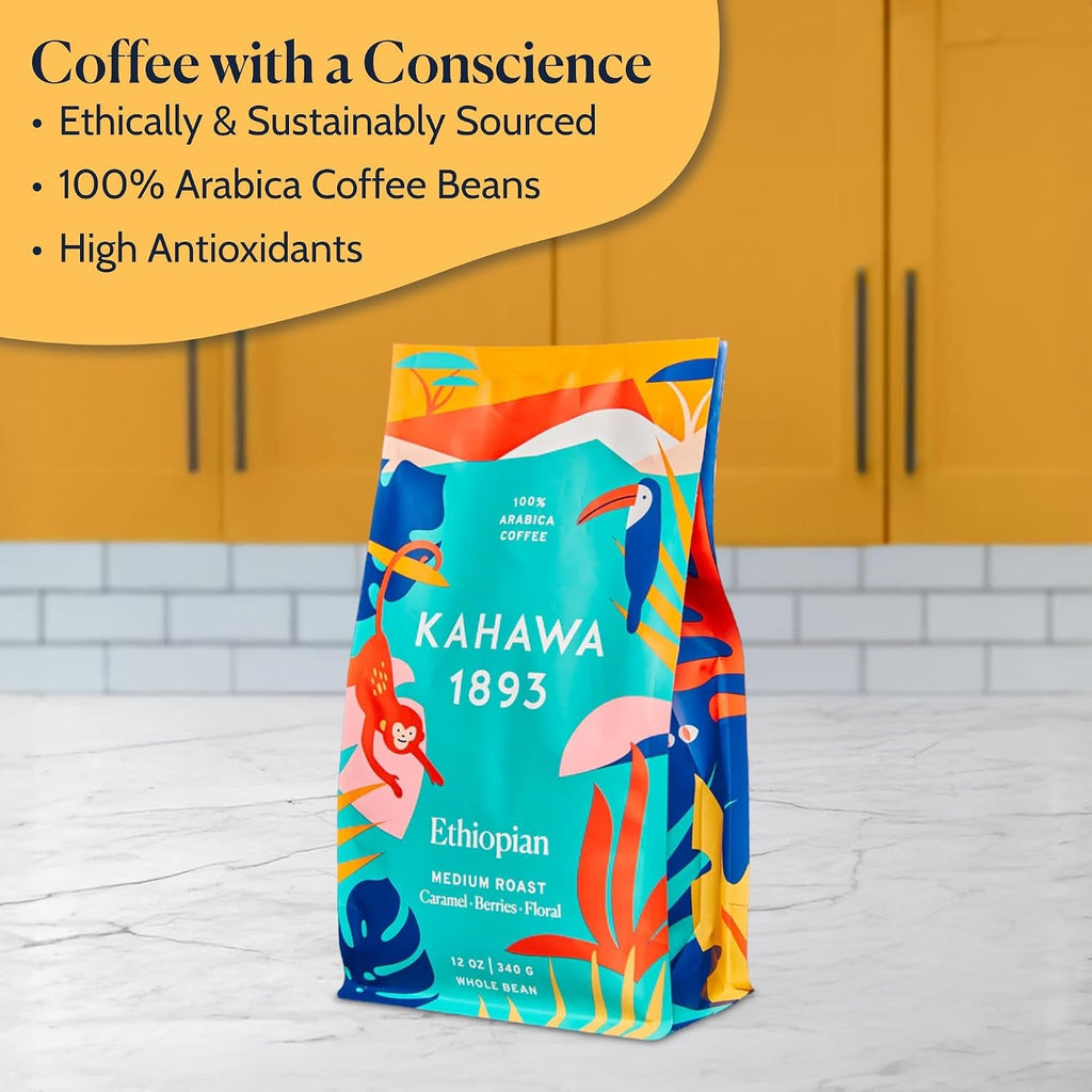 Whole Bean Coffee Medium Light Roast Ethiopian Blend 12 Oz - as Seen on Shark Tank, High Antioxidants, Naturally Sweet, Organically Grown, Ethically & Sustainably Sourced - Haynesworld General Goods