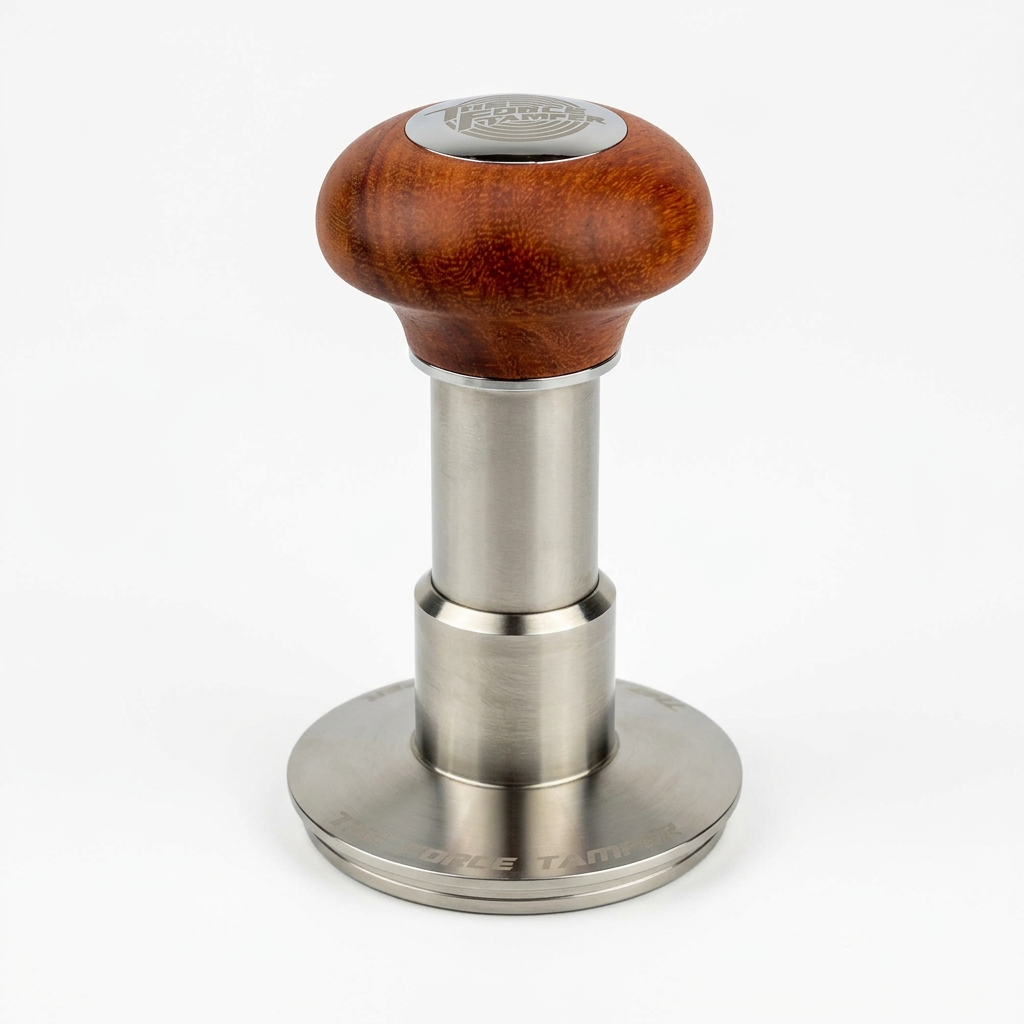 Wooden-handle espresso tamper centered on white with soft studio lighting and a subtle shadow