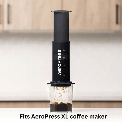 AeroPress XL coffee maker on a kitchen counter, which these filters fit