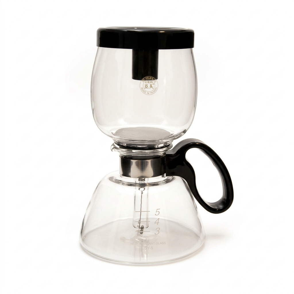 Yama Glass stovetop siphon coffee maker centered upright on bright white with soft warm studio lighting and a subtle shadow