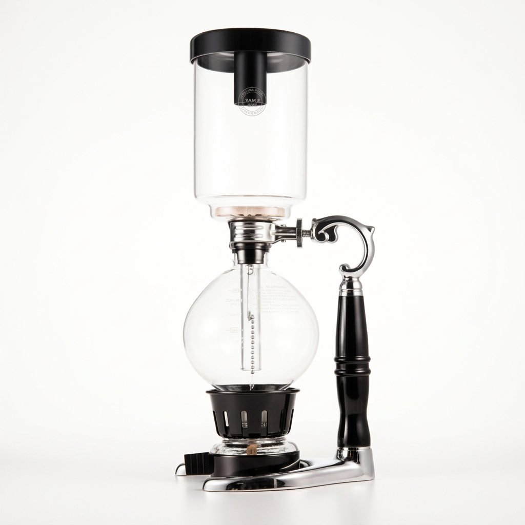 Yama Glass tabletop siphon coffee maker on a clean white background with warm studio lighting and a subtle shadow