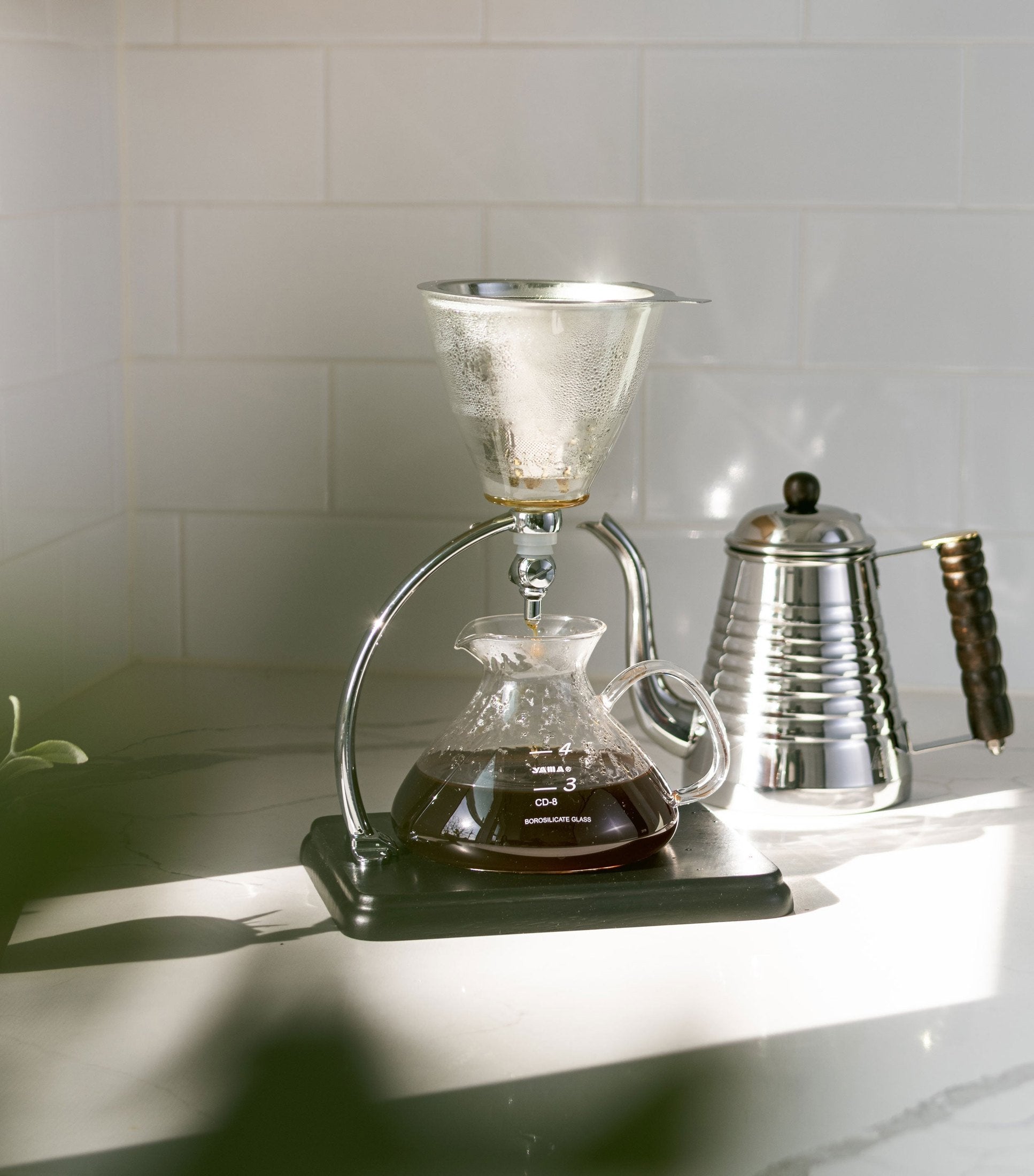 Yama Glass Silverton Brewer w/ Black Base & Silver Accents - Shop Coffee Hobby