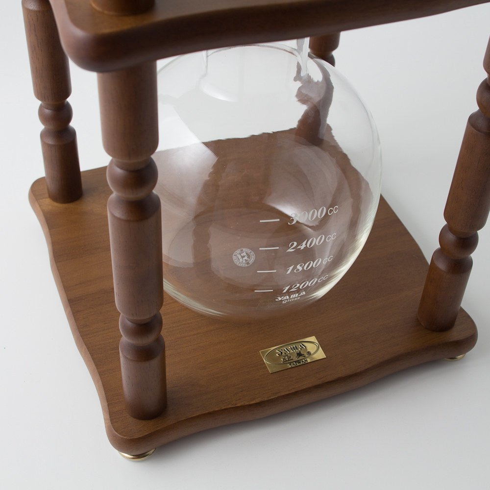 Yama Glass Cold Brew Tower – Curved Brown Wood Frame – 25 Cup / 100 oz