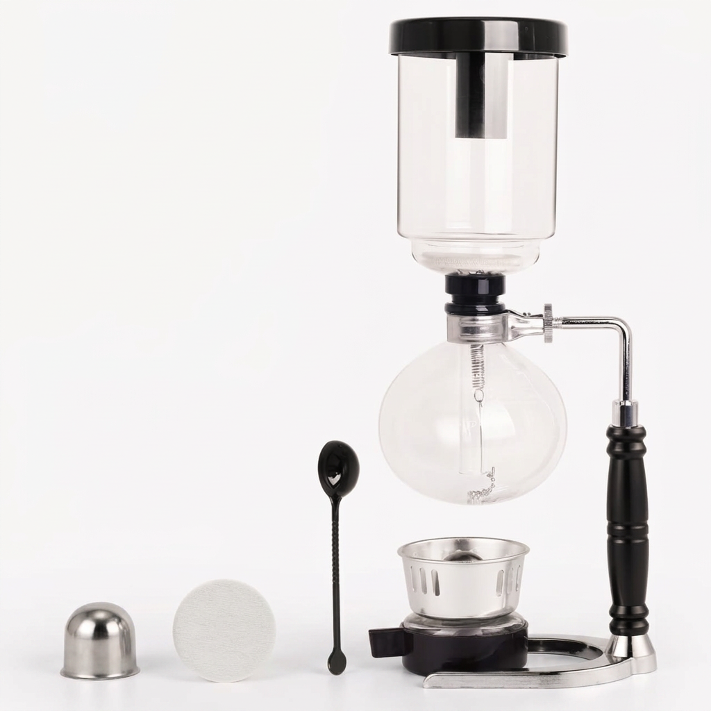 YUCHENGTECH glass siphon coffee maker centered upright on bright white with soft warm lighting and subtle shadows